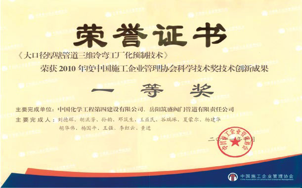 2010 年度中國(guó)施工企業(yè)管道協(xié)會(huì)科學(xué)技術(shù)獎(jiǎng)一等獎(jiǎng)